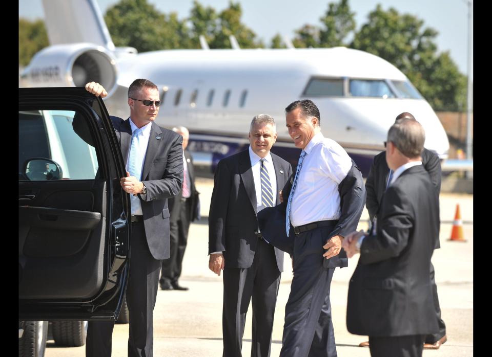 US Republican presidential candidate Mitt Romney arrives in Atlanta, Georgia on September 19, 2012 to attend a fundraiser.   AFP PHOTO/Nicholas KAMM        (Photo credit should read NICHOLAS KAMM/AFP/GettyImages)