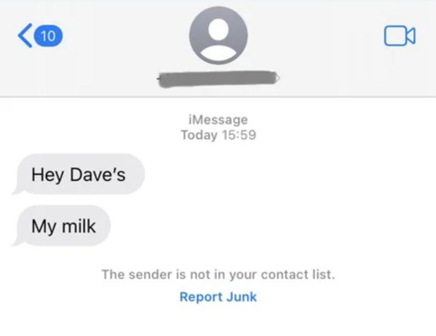 wrong number text that reads hey dave's my milk