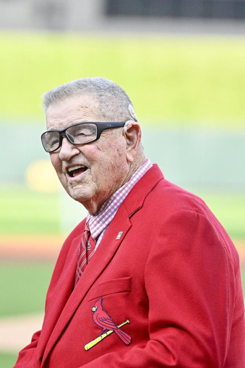 Aug 19, 2023; St. Louis, Missouri, USA; St. Louis Cardinals hall of fame manager Whitey Herzog looks on before a game against the New York Mets at Busch Stadium. Mandatory Credit: Jeff Curry-USA TODAY Sports