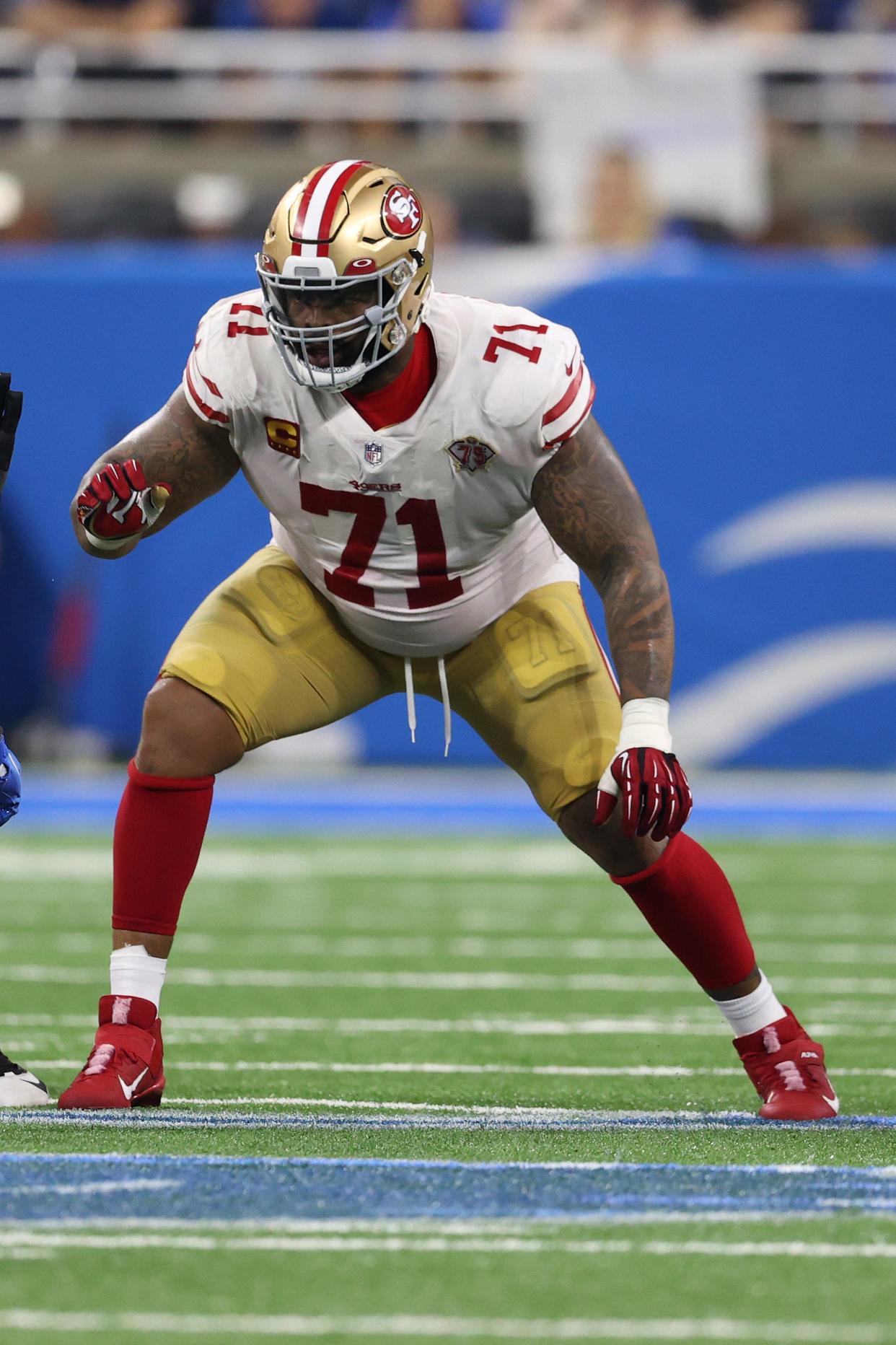 San Francisco 49ers tackle Trent Williams plays against the Detroit Lions at Ford Field on Sept. 12, 2021 in Detroit.