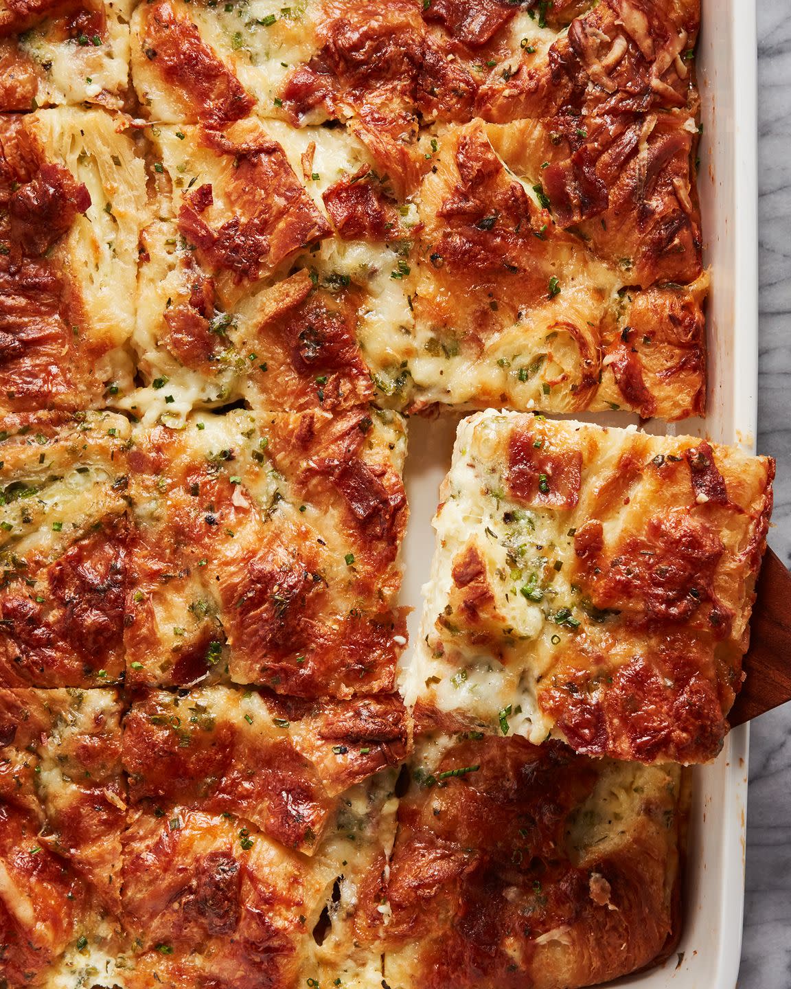 cheesy croissant casserole with bacon and chives