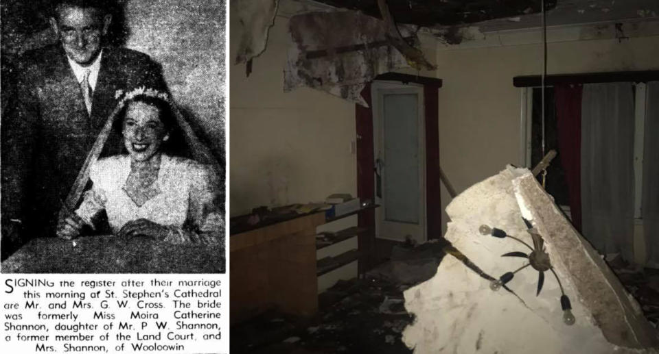 A photo from Moira and her husband's wedding day (left). The house seen falling apart as the roof caves in (right). 