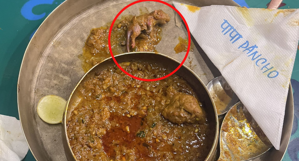 A small dead rat is seen beside a bowl of curry at a restaurant in India. 