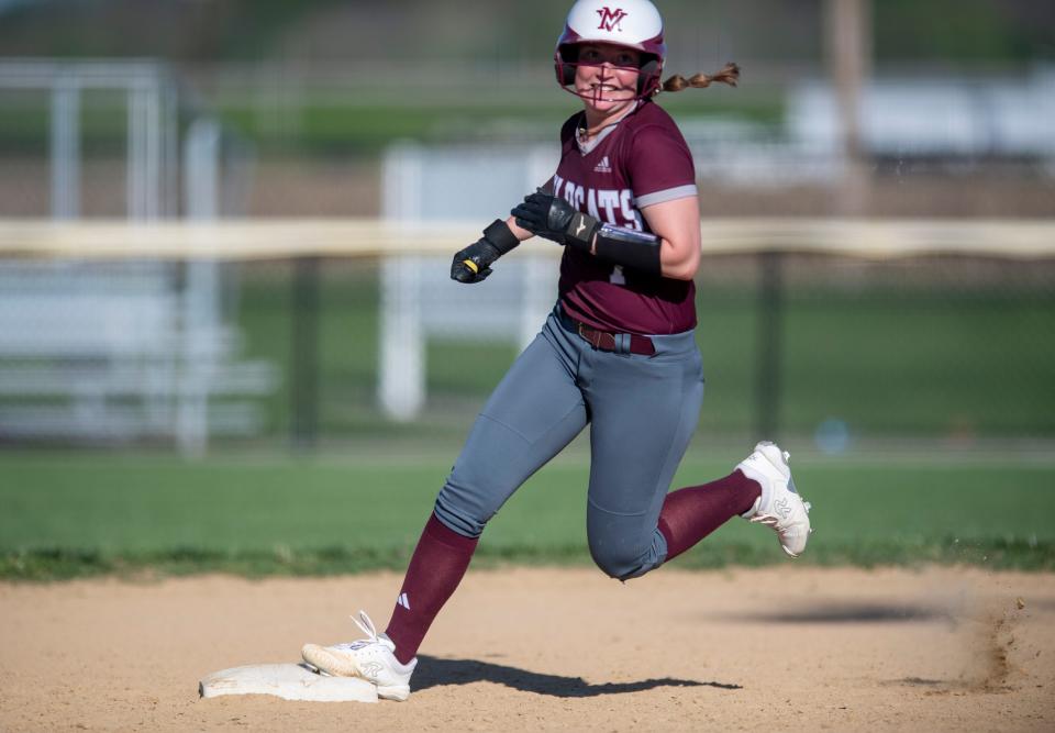 Mt. Vernon’s Alaina Allyn (7) takes second as the Mt. Vernon Wildcats play the Central Bears Wednesday, April 17, 2024.