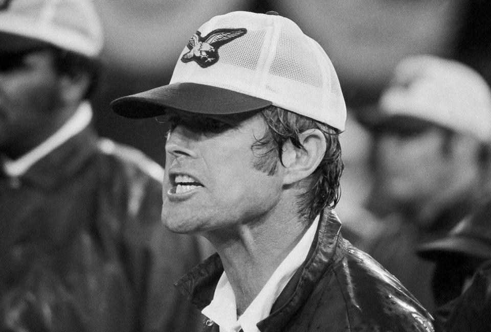 Philadelphia Eagles head coach Dick Vermeil shouts plays from the sidelines during Monday night's game Aug. 9, 1976 in Philadelphia against the Pittsburgh Steelers. It was Vermeil's first home game in Philadelphia as coach of the Eagles. Steelers won 14-7. (AP Photo/Rusty Kennedy)