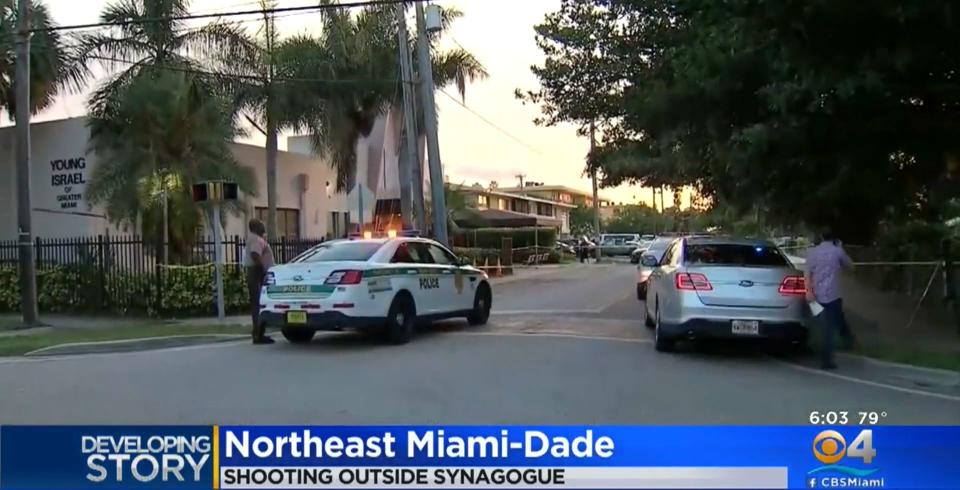 The victim was awaiting services outside the Young Israel of Greater Miami synagogue when a gunman in a black car opened fire.&nbsp; (Photo: CBS 4)