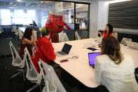 <p>New intern Kool-Aid Man disrupts a finance meeting at Yahoo offices in New York City on Sept. 25, 2017. (Photo: Gordon Donovan/Yahoo News) </p>