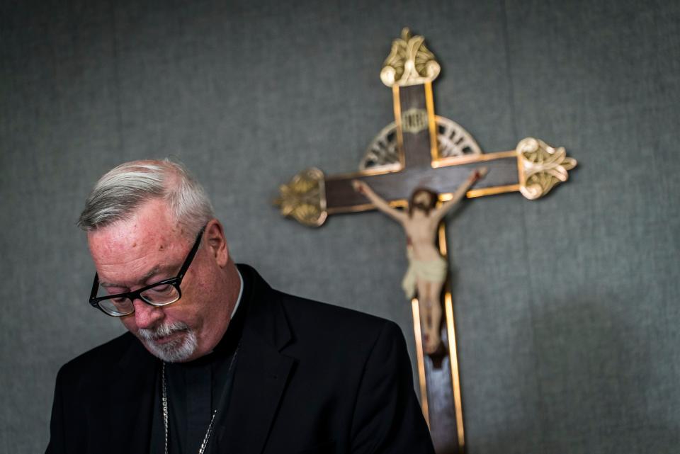 Bishop Christopher Coyne, head of the Roman Catholic Diocese of Burlington, announces the release of 40 names of priests accused of sexual abuse during a news conference on Thursday, August 22, 2019, in South Burlington. He also released a report looking into priest misconduct back to 1950.