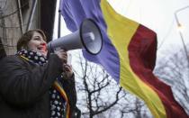 A pro-government supporter shouts slogans in front of the presidential office in Bucharest, Romania, February 6, 2017. Inquam Photos/Octav Ganea/via REUTERS