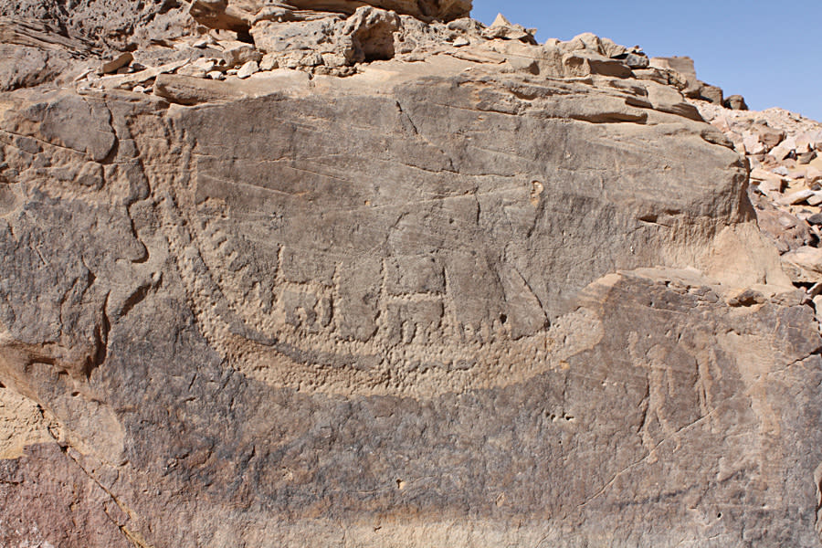 A boat with three male figures, probably prisoners, standing to the right. (Stan Hendrickx, John Coleman Darnell & Maria Carmela Gatto) <br> <a href="http://www.livescience.com/25359-photos-first-egypt-pharaoh-carvings.html" rel="nofollow noopener" target="_blank" data-ylk="slk:Click here to see the full collection at LiveScience.com;elm:context_link;itc:0;sec:content-canvas" class="link ">Click here to see the full collection at LiveScience.com</a>