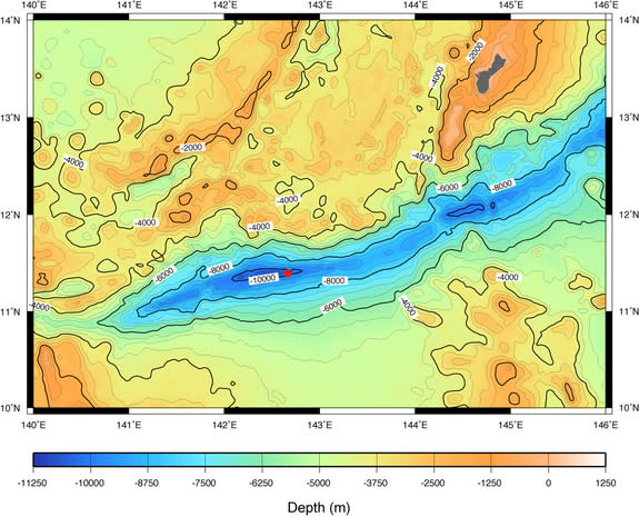 The Challenger Deep is the deepest canyon in the oceans. The red circle shows the sampling location.