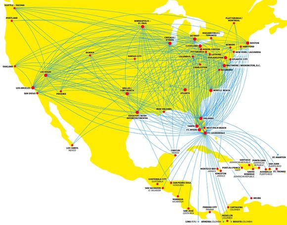 A map showing all of Spirit Airlines' routes