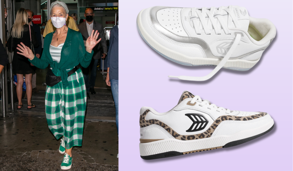 Helen Mirren wearing green and white outfit with matching Cariuma sneakers / two styles of the Cariuma Uba sneakers