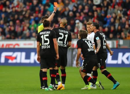 Soccer Football - Bayer Leverkusen vs Bayern Munich - Bundesliga - BayArena, Leverkusen, Germany - 15/4/17 Bayer Leverkusen's Tin Jedvaj is shown is shown a red card Reuters / Kai Pfaffenbach Livepic