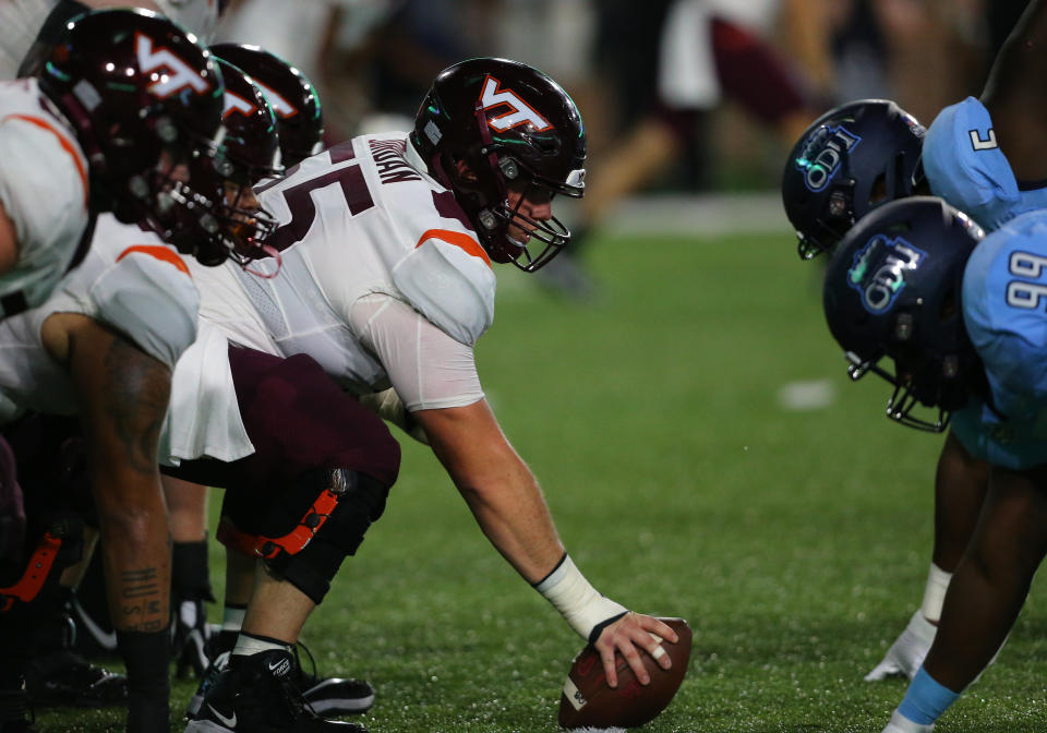 NORFOLK, VA - SEPTEMBER 02: Virginia Tech Hokies offensive lineman Johnny Jordan (55) in the trenches during a college football game between the Virginia Tech Hokies and the Old Dominion Monarchs on September 02, 2022, at S.B. Ballard Stadium in Norfolk, VA. (Photo by Lee Coleman/Icon Sportswire via Getty Images)