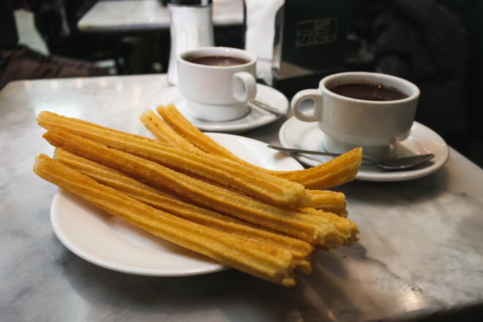Churros and hot chocolate at Chocolateria San Gines in Madrid