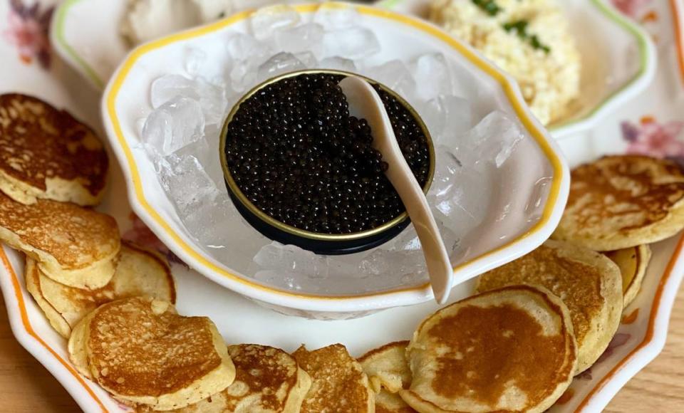 Supperland’s Osetra Caviar comes in two options — traditional or classic — and is paired with blinis, creme fraiche, egg salad and chives.