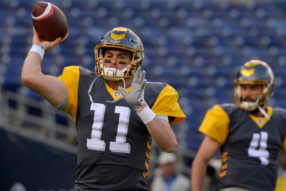 Mar 9, 2019; San Diego, CA, USA; San Diego Fleet quarterback Mike Bercovici (11) warms up before the game against the Salt Lake Stallions at SDCCU Stadium.