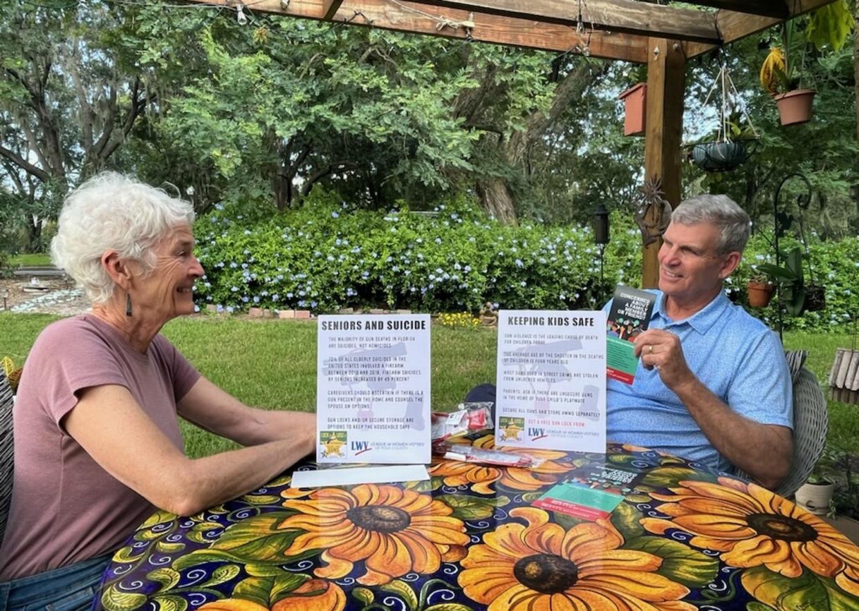 Trudy Rankin, left, and Andy Crossfield are co-chairs of the League of Women Voters of Polk County's Gun Safety Committee. They are leading a campaign to give away gun locks.