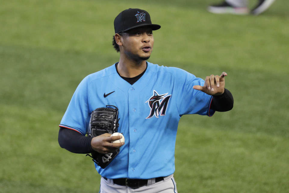 Miami Marlins' Elieser Hernandez gestures after warming up before a baseball scrimmage at Marlins Park, Sunday, July 12, 2020, in Miami. (AP Photo/Lynne Sladky)