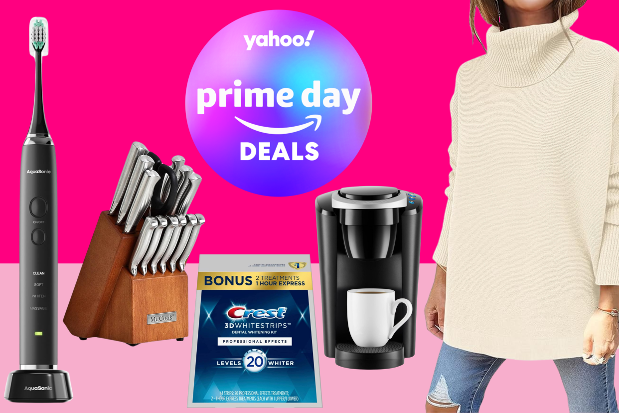 Aquasonic electric toothbrush, knife set, Crest Whitestrips, Keurig coffee maker, turtleneck sweater and a badge that says Yahoo! Prime Day Deals