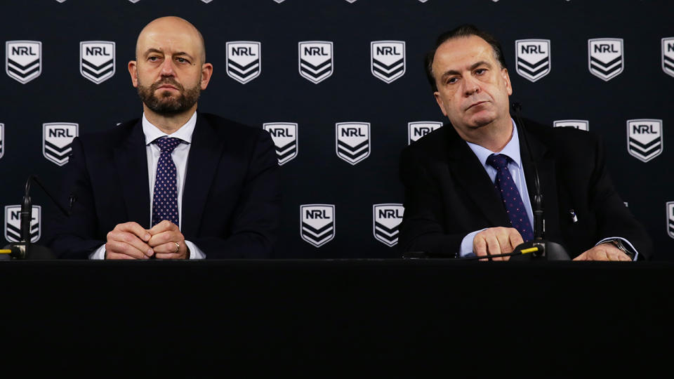 Todd Greenberg and Peter V'landys, pictured here addressing the media about the coronavirus crisis.