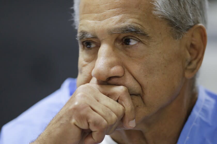 FILE - Sirhan Sirhan reacts during a parole hearing on Feb. 10, 2016, at the Richard J. Donovan Correctional Facility in San Diego. California Gov. Gavin Newsom on Thursday, Jan. 13, 2022, rejected releasing Robert F. Kennedy assassin Sirhan Sirhan from prison more than a half-century after the 1968 slaying left a deep wound during one of America's darkest times. (AP Photo/Gregory Bull, Pool, File)