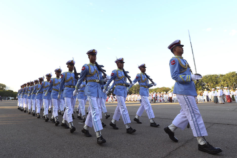 Members of an honor guard march during a ceremony marking Myanmar's 76th anniversary of Independence Day in Naypyitaw, Myanmar, Thursday, Jan. 4, 2024. (AP Photo/Aung Shine Oo)