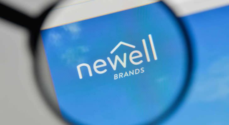 A magnifying glass zooms in on the Newell Brands (NWL) website.