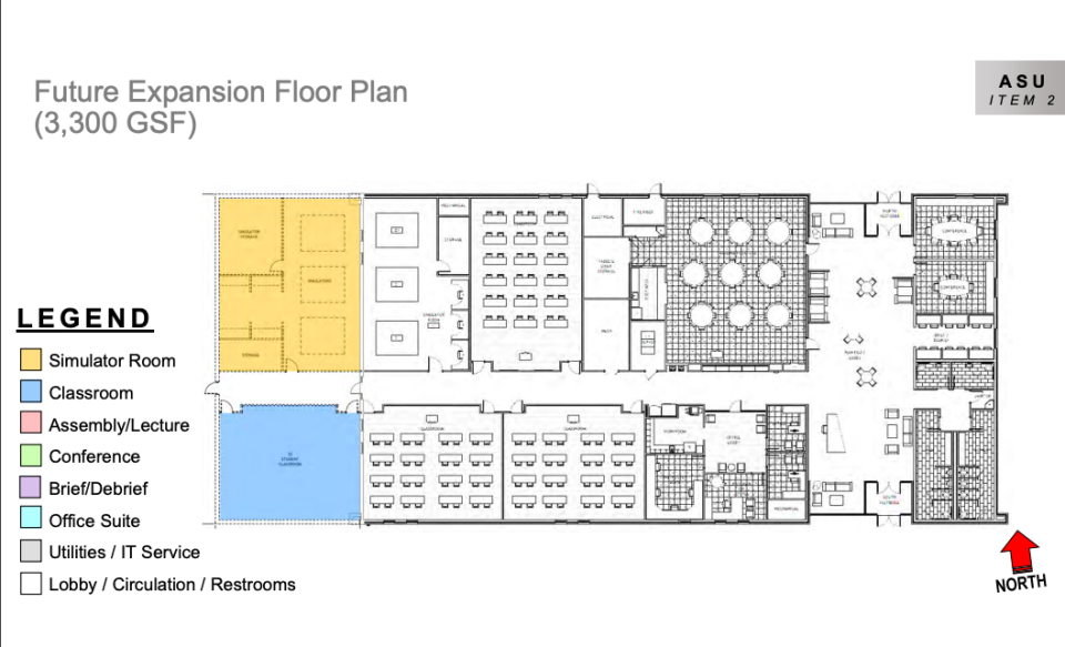 Floor plans of Angelo State University's Aviation Program Training Facility which will feature classrooms, simulation labs, offices and conference rooms among other amenities. The plans also show possible expansion of the facility in the future should the need arise.
