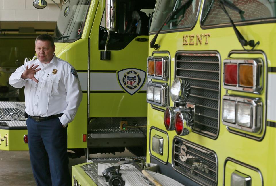 James Samels, the new Kent Fire chief, discusses his career highlights and the changes he has seen in the fire service during a Feb. 27, 2024, tour of Station 1 in Kent.