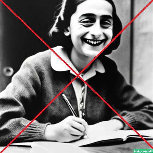 <span>Une image générée par intelligence artificielle imite Anne Frank devant son journal avec un stylo-bille</span>