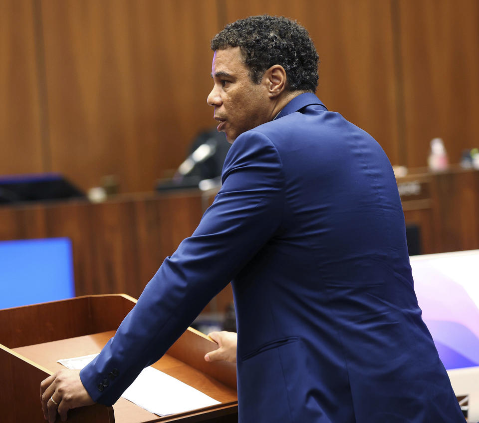 Defense attorney Aaron Jenson speaks during opening statement during Eric Holder murder trial at Los Angeles Superior Court on Wednesday, June 15, 2022 in Los Angeles. A Los Angeles prosecutor says the killing of Nipsey Hussle was premeditated by a man charged with fatally shooting the Grammy Award-winning rapper outside his clothing store three years ago. (Frederick M. Brown/Daily Mail.com via AP, Pool)