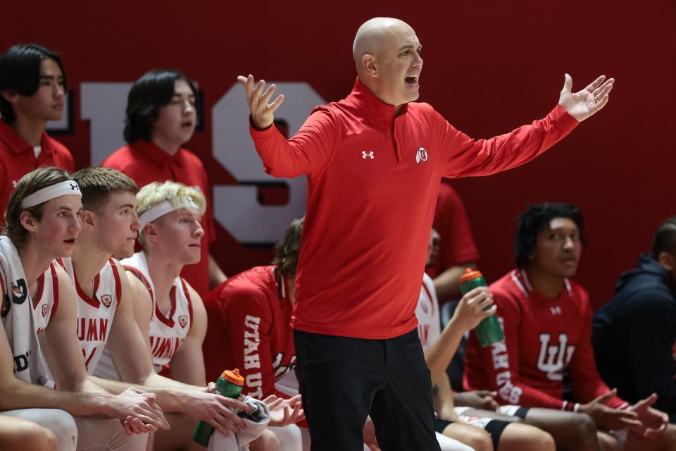 Utah Utes head coach Craig Smith calls out from the bench during the game against the Utah Valley Wolverines at the Huntsman Center in Salt Lake City on Saturday, Dec. 16, 2023. | Spenser Heaps, Deseret News