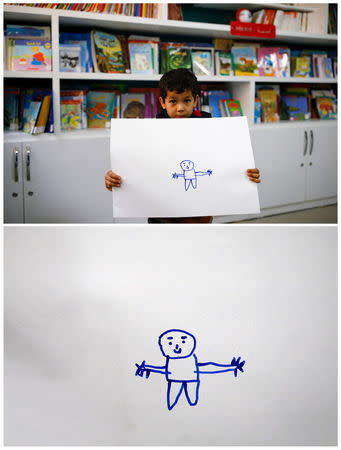 A combination picture shows Syrian refugee Gays Cardak, 6, who holds his drawing in a school library in Yayladagi refugee camp in Hatay province near the Turkish-Syrian border, Turkey, December 16, 2015 (top) and his drawing (bottom). "I'm going to be a doctor and an engineer. We the engineers will rebuild Syria, and I'll take the (soldiers) to hospital," Cardak said. REUTERS/Umit Bektas