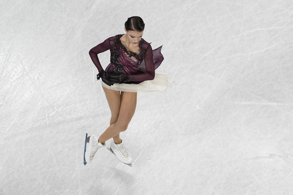 Anna Shcherbakova, of the Russian Olympic Committee, competes in the women's free skate program during the figure skating competition at the 2022 Winter Olympics, Thursday, Feb. 17, 2022, in Beijing. (AP Photo/Jeff Roberson)