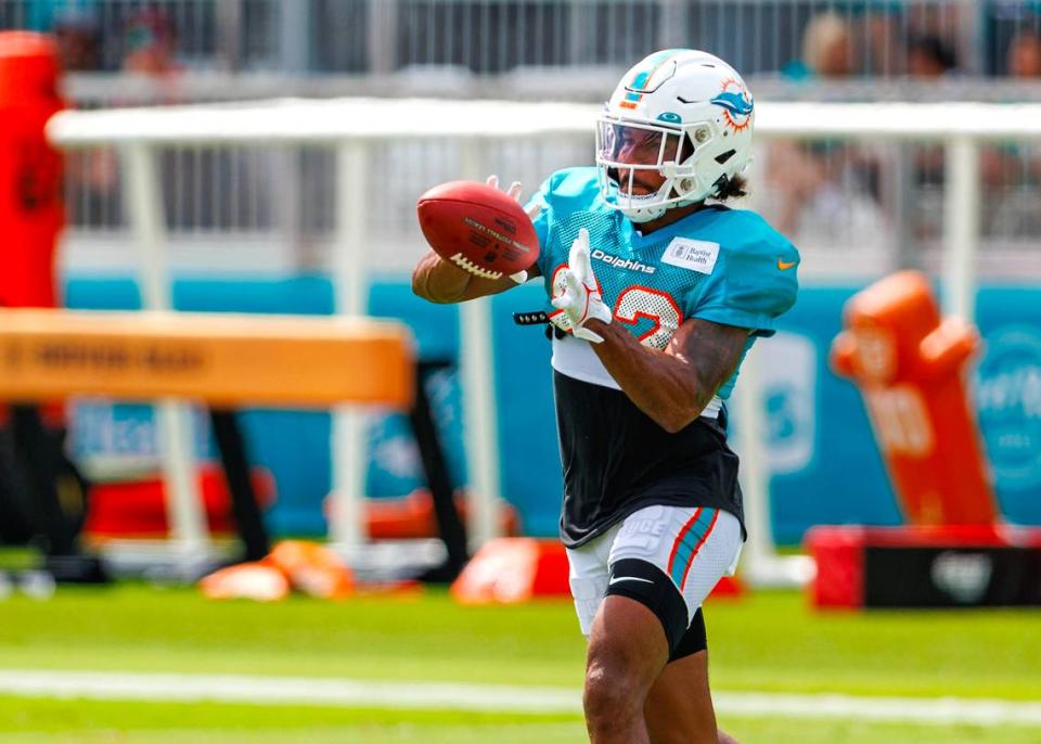 Miami Dolphins defensive back Elijah Campbell (22) participates in drill during NFL football training camp at Baptist Health Training Complex in Hard Rock Stadium on Thursday, August 3, 2023 in Miami Gardens, Florida.