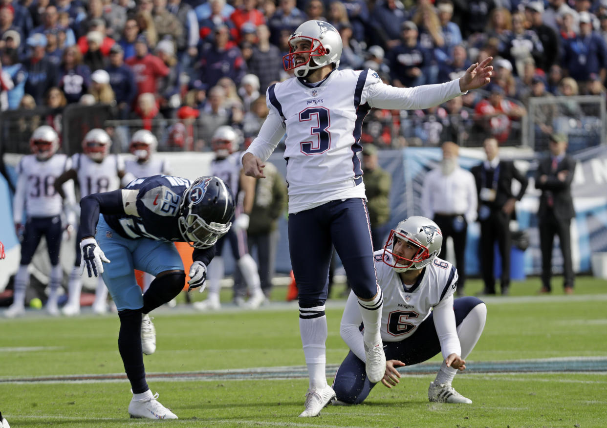 New England Patriots kicker Stephen Gostkowski hasn’t been as reliable this season, but is still a high-end fantasy option. (AP Photo/James Kenney, File)