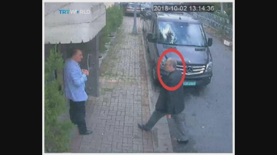 This image taken from CCTV video obtained by the Turkish broadcaster TRT World and made available on Sunday, Oct. 21, 2018, purportedly showing Saudi journalist Jamal Khashoggi entering the Saudi consulate in Istanbul, Tuesday, Oct. 2, 2018.(CCTV/TRT World via AP)