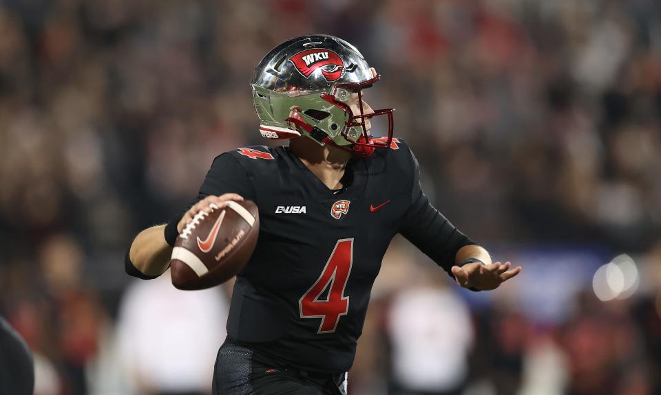 BOWLING GREEN, KENTUCKY - SEPTEMBER 25: Bailey Zappe #4 of the Western Kentucky Hilltoppers throws a pass against the Indiana Hoosiers at Houchens Industries-L.T. Smith Stadium on September 25, 2021 in Bowling Green, Kentucky. (Photo by Andy Lyons/Getty Images)