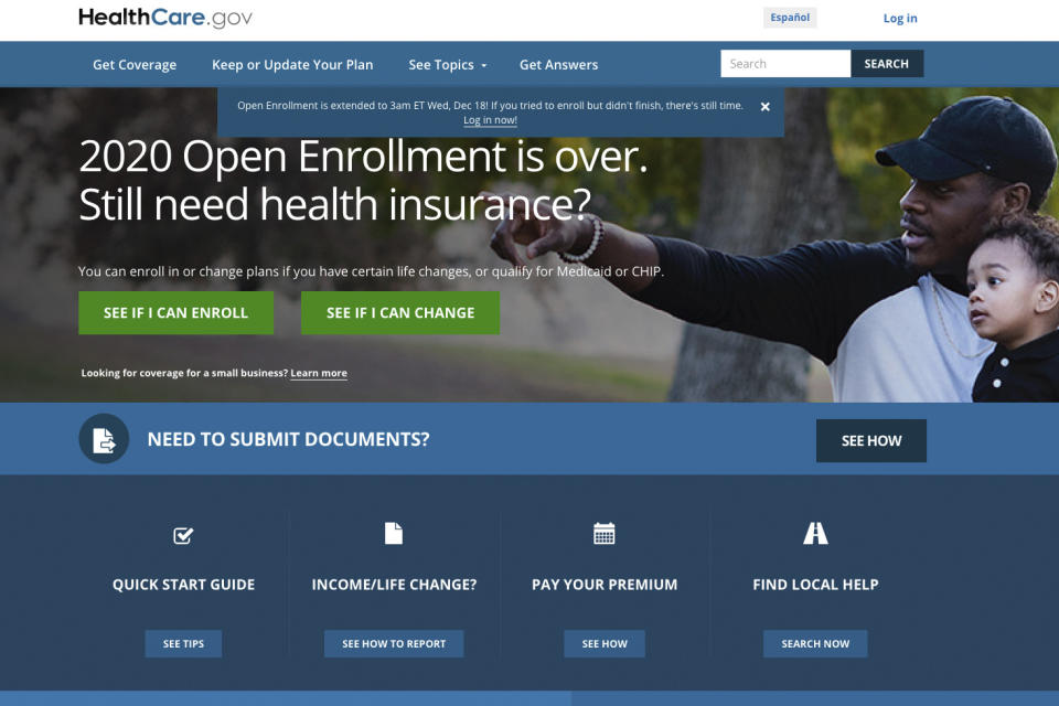 This screen grab from the website HealthCare.gov shows the extended deadline for signing up for health care coverage for 2020.  More than 8 million people have signed up for coverage next year under former President Barack Obama's health care law, the government said Friday, showing continued demand for the program amid ongoing uncertainty over its future.  (Centers for Medicare and Medicaid Services via AP)