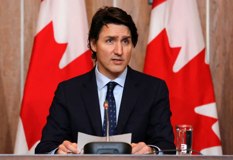 Canada's Prime Minister Justin Trudeau attends a news conference to announce that the Emergencies Act is being revoked in Ottawa