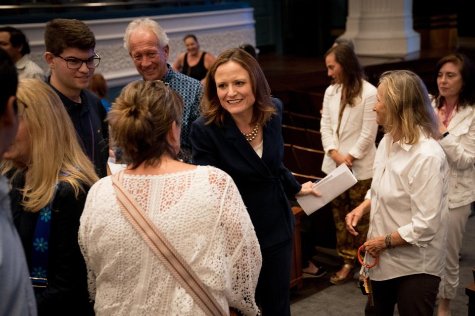 Alice Rolli greets guests after a mayoral debate at the Fisher Center for the Performing Arts in Nashville, Tenn., Thursday, Aug. 24, 2023. Metro Council Member Freddie O’Connell and former state official and businesswoman Alice Rolli will face each other in a Sept. 14 runoff election.