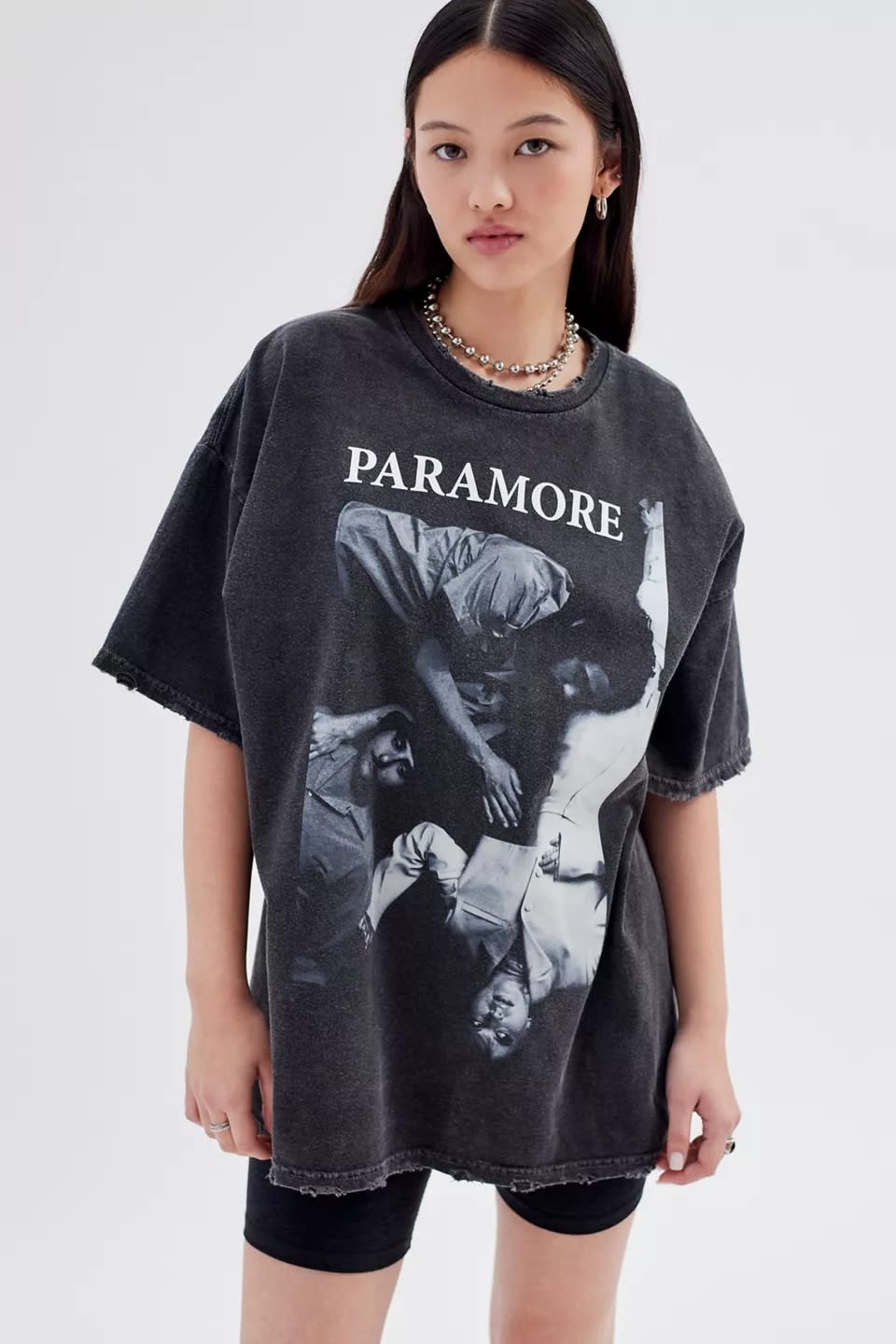 Model wearing black and white Paramore t-shirt