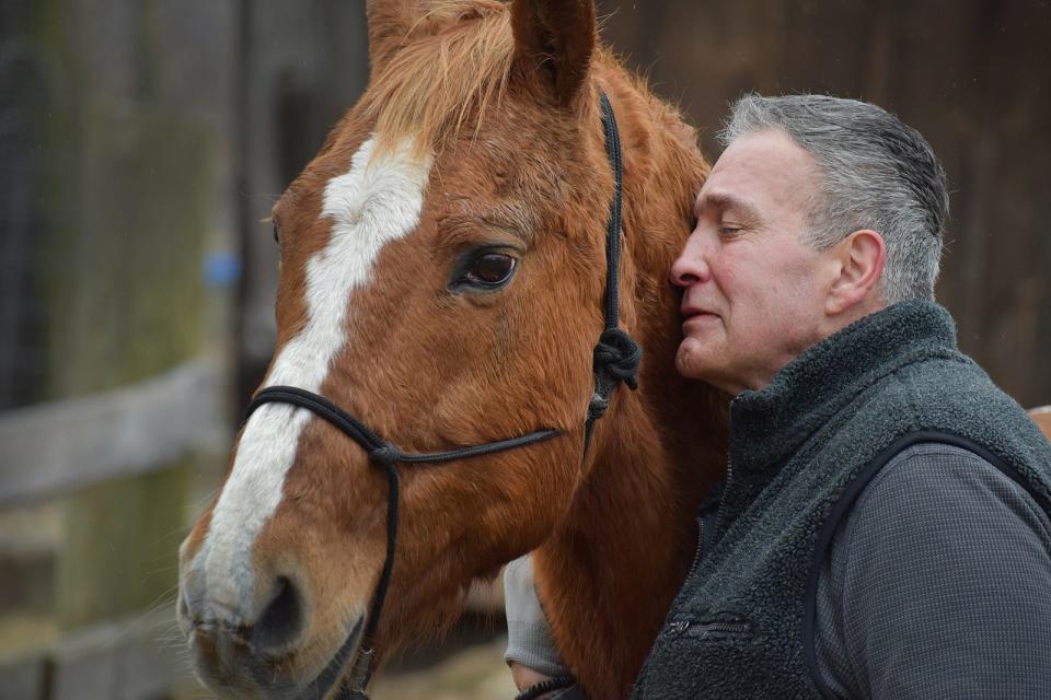 Brian Rapoza with Benjamin Button, aka "Ben," at Silva Spirit Farm in Tiverton. Rapoza, a retired Fall River firefighter, says working with horses has helped his PTSD.