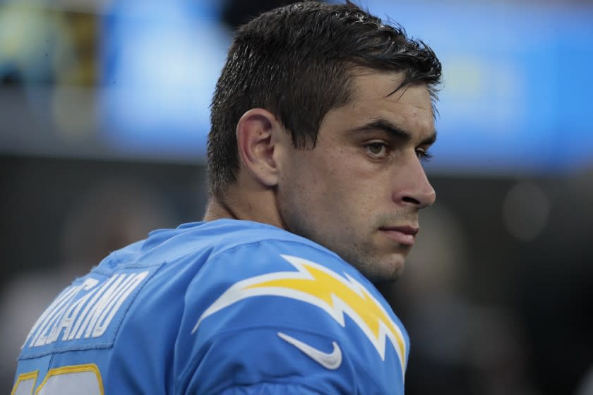 Inglewood, CA, Sunday, August 22, 2021 - Los Angeles Chargers kicker Tristan Vizcaino (16) before a preseason game against the San Francisco 49ers at SoFi Stadium. (Robert Gauthier/Los Angeles Times)