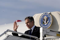 U.S. Secretary of State Antony Blinken arrives at the Berlin Brandenburg Airport in Schonefeld, Germany, Wednesday, June 23, 2021, to travel to Berlin. Blinken begins a week long trip to Europe traveling to Germany, France and Italy. (AP Photo/Andrew Harnik, Pool)