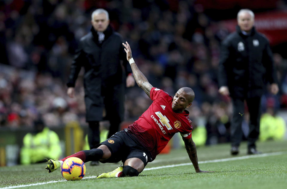 Manchester United's Ashley Young controls the ball, during the English Premier League soccer match between Manchester United and Fulham, at Old Trafford, Manchester, England, Saturday, Dec. 8, 2018. (Barrington Coombs/PA via AP)