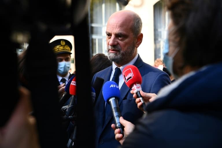 Jean-Michel Blanquer au lycée Jean de La Fontaine à Paris, le 15 octobre 2021, pour une cérémonie en hommage à Samuel Paty - Christophe ARCHAMBAULT © 2019 AFP