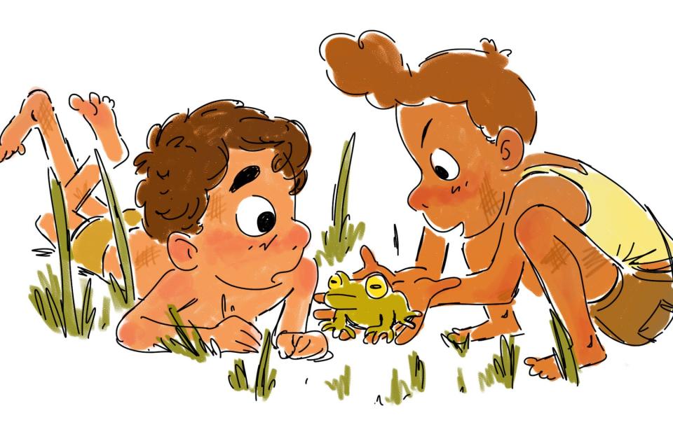 drawing of Luca and Alberto holding a frog